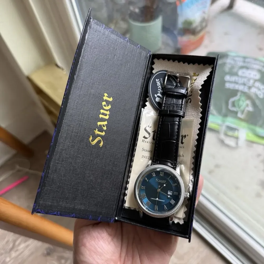 Stauer Men’s Watch 44mm Urban Blue Dial Black Leather Band 28997 New in Box